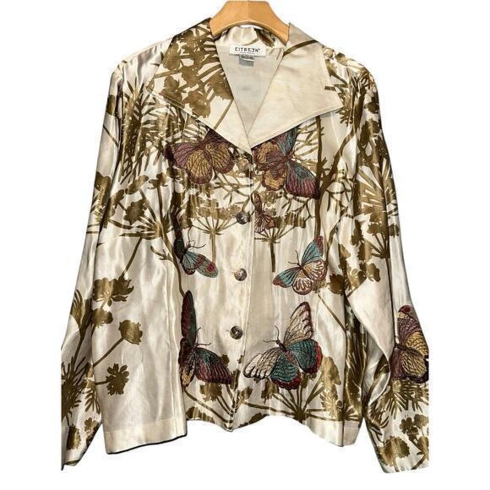 Citron Santa Monica XL Cream Linen Silk Butterfly Embroidered Button Up Blouse